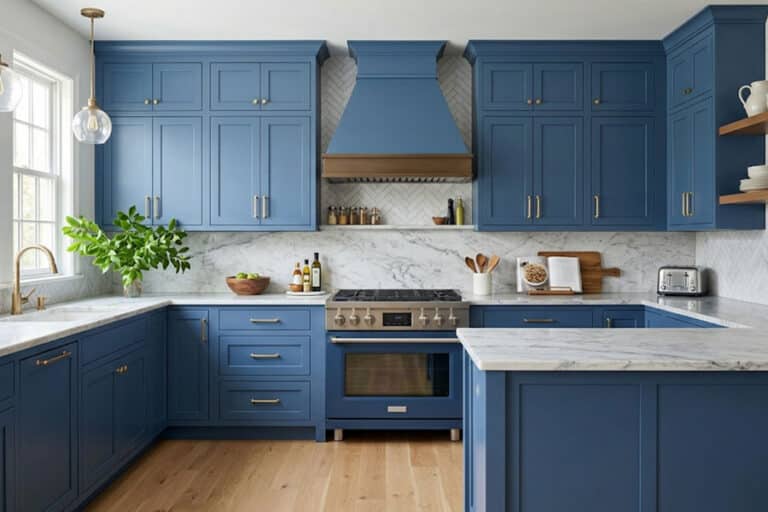Modern kitchen with blue refaced cabinets and white marble countertops