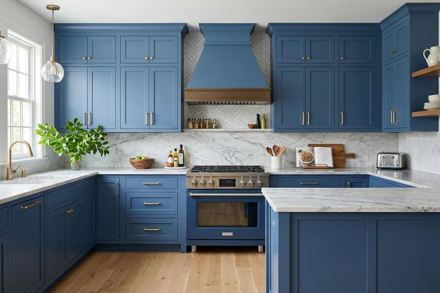 Modern kitchen with blue cabinet makeover, white marble countertops, stainless steel appliances, a chevron tile backsplash, wooden floors, and natural light from a large window. A green potted plant sits on the counter.