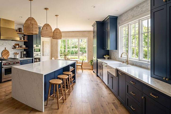 Modern kitchen with navy blue cabinets, white marble countertops, gold hardware, and light wood flooring. Three wicker pendant lights hang above a large island with wooden stools. Sunlight streams in through large windows.
